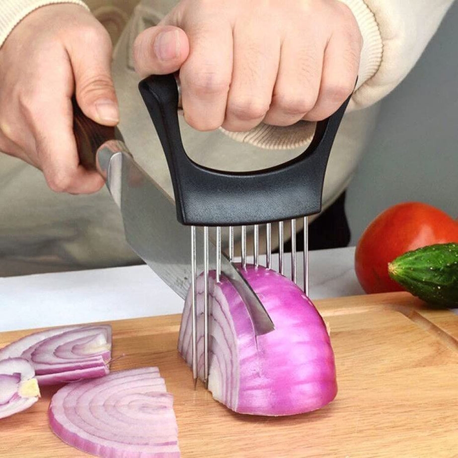 Onion Slicer Holder Stainless Steel, Vegetable Holder for Slicing Easy Onion Cutter Holder Vegetable Slicer Cutting Tools Meat Potato Tomato Slicer - Oshi.pk - Buy & Sell Online