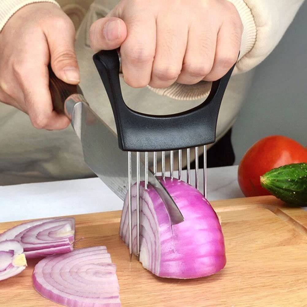 Onion Slicer Holder Stainless Steel, Vegetable Holder for Slicing Easy Onion Cutter Holder Vegetable Slicer Cutting Tools Meat Potato Tomato Slicer - Oshi.pk - Buy & Sell Online