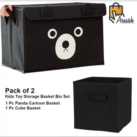 Pack of 2 - Foldable Kids Toy Storage Basket Bin Set 1 Pc Panda Cartoon Basket and 1 Pc Cube basket - Black - Oshi.pk - Buy & Sell Online