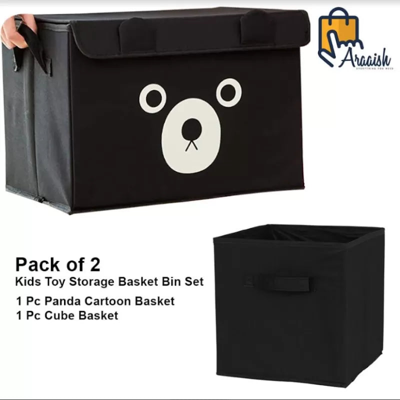 Pack of 2 - Foldable Kids Toy Storage Basket Bin Set 1 Pc Panda Cartoon Basket and 1 Pc Cube basket - Black - Oshi.pk - Buy & Sell Online