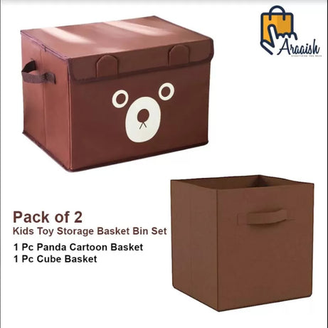 Pack of 2 - Foldable Kids Toy Storage Basket Bin Set 1 Pc Panda Cartoon Basket and 1 Pc Cube basket - Brown - Oshi.pk - Buy & Sell Online