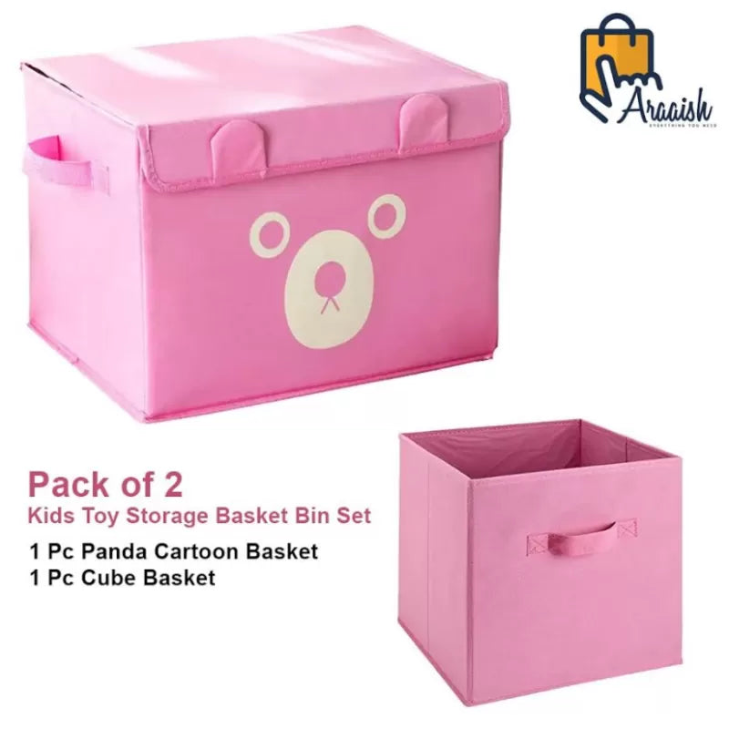 Pack of 2 - Foldable Kids Toy Storage Basket Bin Set 1 Pc Panda Cartoon Basket and 1 Pc Cube basket - Pink - Oshi.pk - Buy & Sell Online