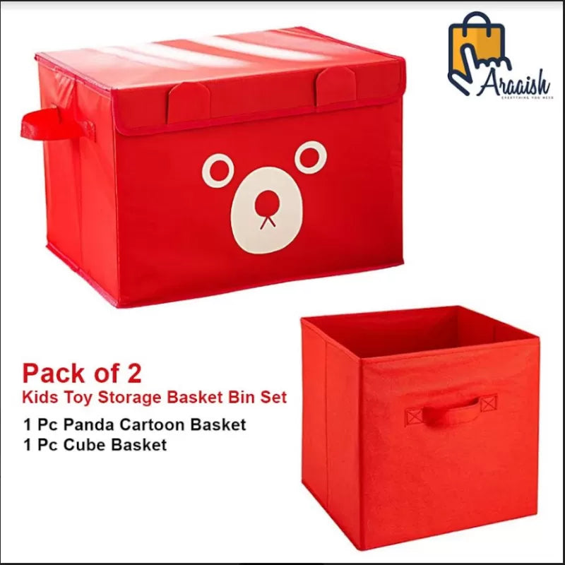 Pack of 2 - Foldable Kids Toy Storage Basket Bin Set 1 Pc Panda Cartoon Basket and 1 Pc Cube basket - Red - Oshi.pk - Buy & Sell Online