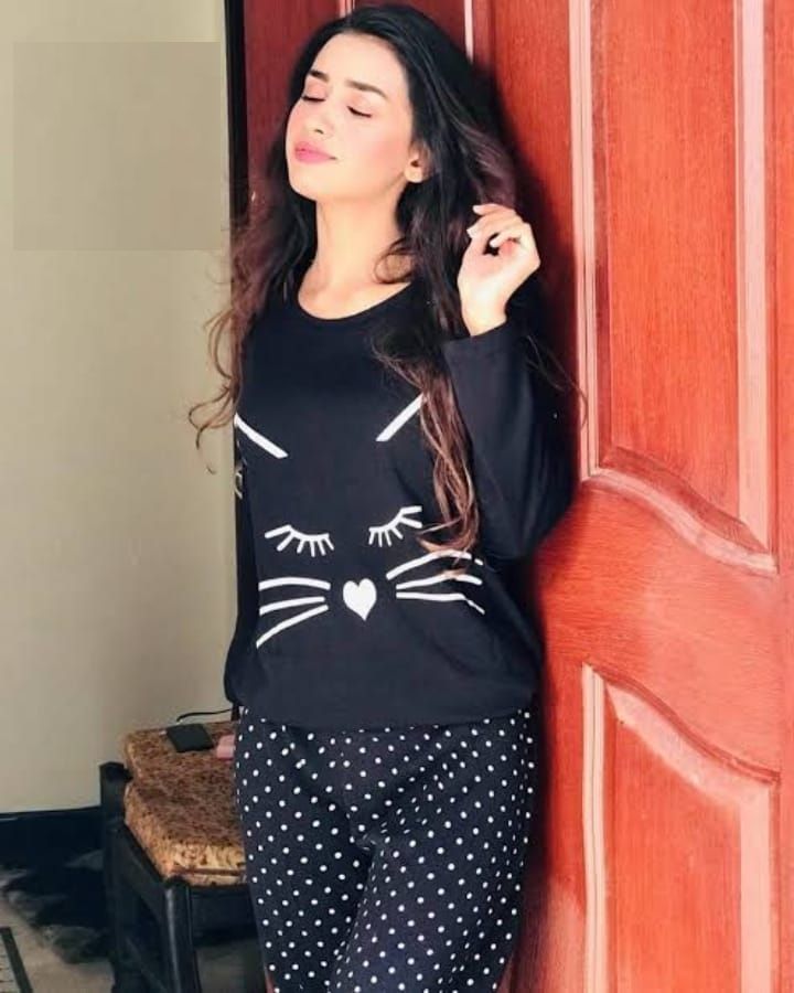 Black Meow with Dotted Style Pajama Full sleeves night suit for her - Oshi.pk - Buy & Sell Online
