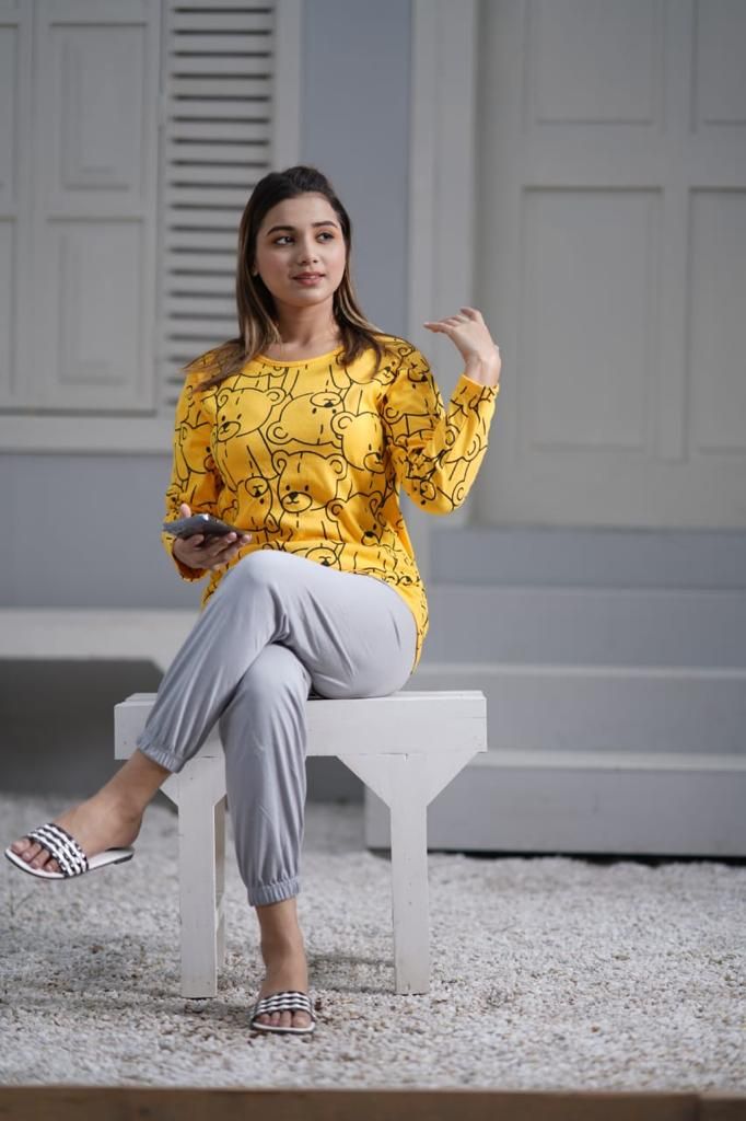 Yellow Bears with Plain Pajama Print Full Sleeves Night Suit for Her - Oshi.pk - Buy & Sell Online