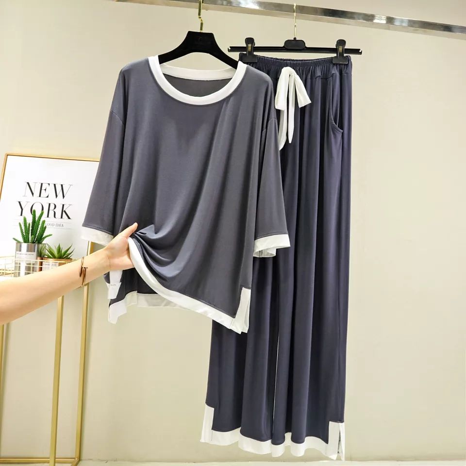 Plain Grey with White Round Neck with Palazzo Style Pajama Full Sleeves night suit for her - Oshi.pk - Buy & Sell Online
