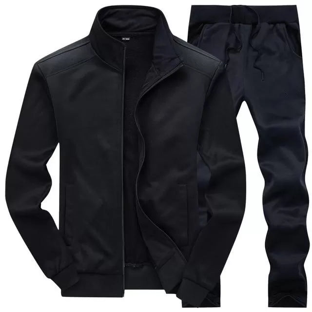 Plain black stand collar tracksuit for men