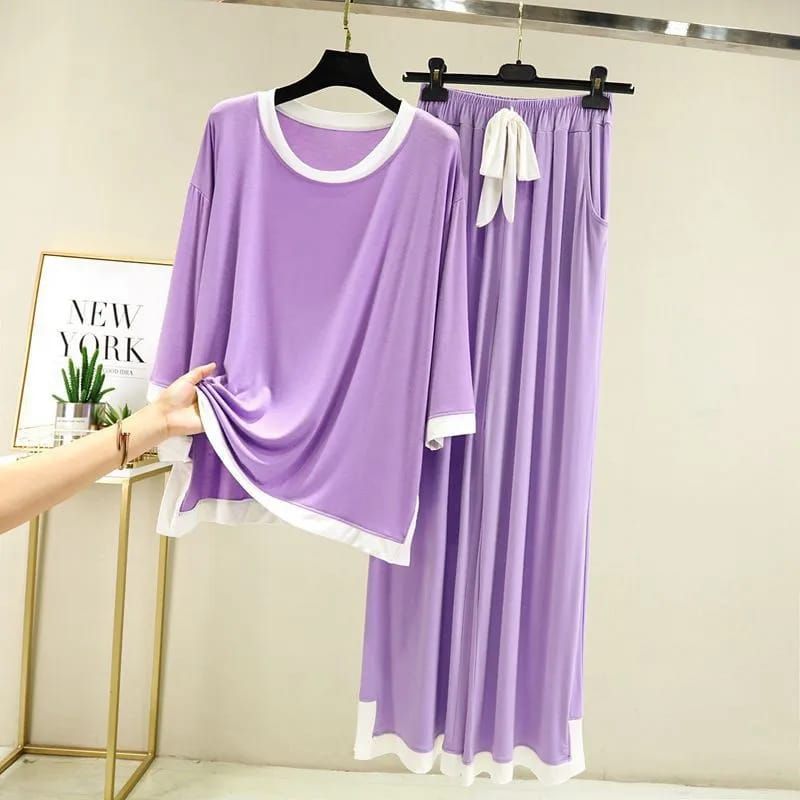 Plain Purple with White Round Neck with Palazzo Style Pajama Full Sleeves night suit for her - Oshi.pk - Buy & Sell Online