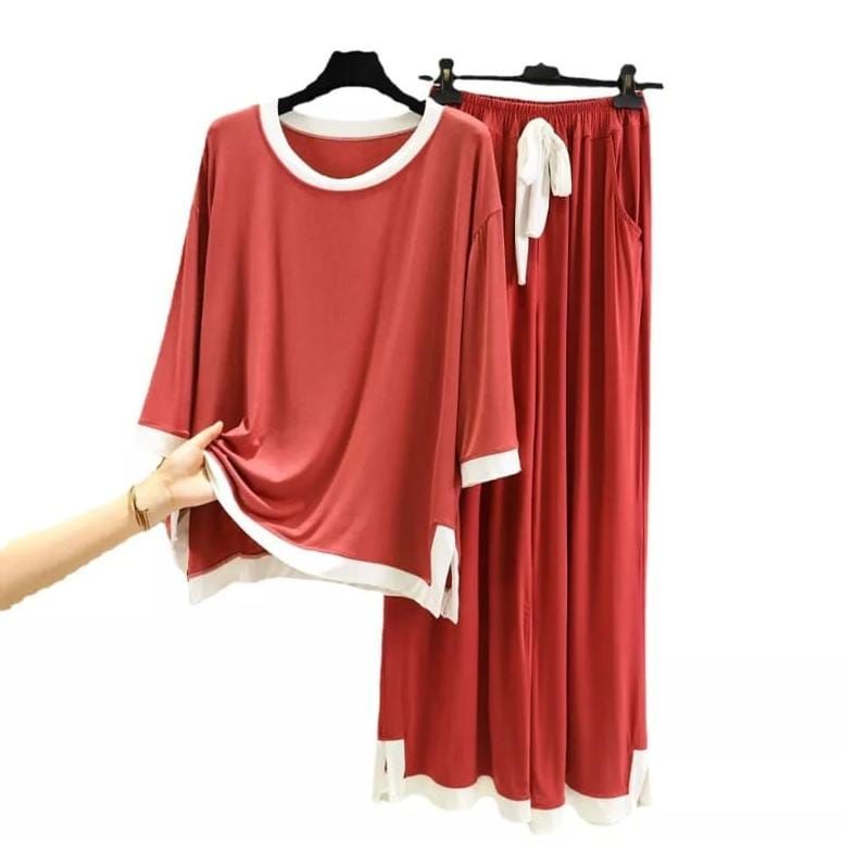 Plain Red with White Round Neck with Palazzo Style Pajama Full Sleeves night suit for her - Oshi.pk - Buy & Sell Online