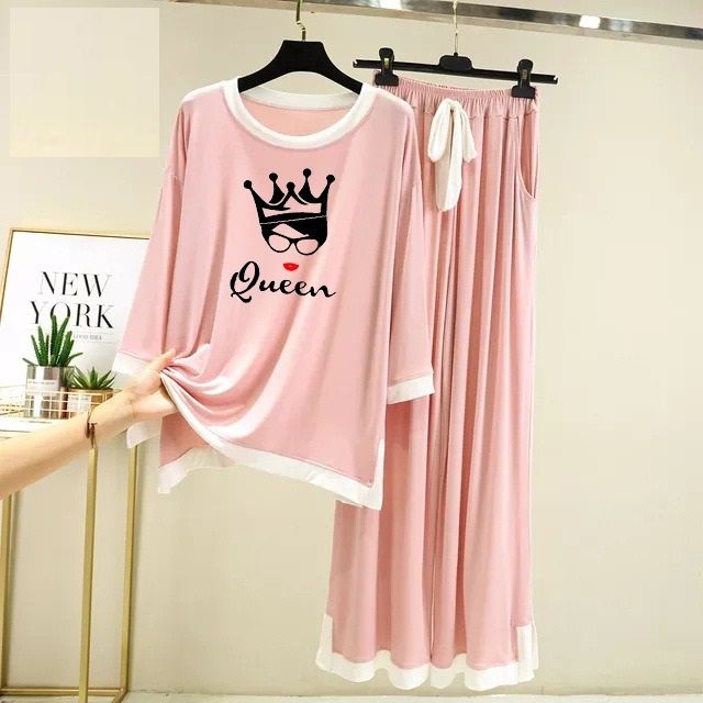 Queen Purple with White Round Neck with Palazzo Pajama Full Sleeves night suit for her - Oshi.pk - Buy & Sell Online