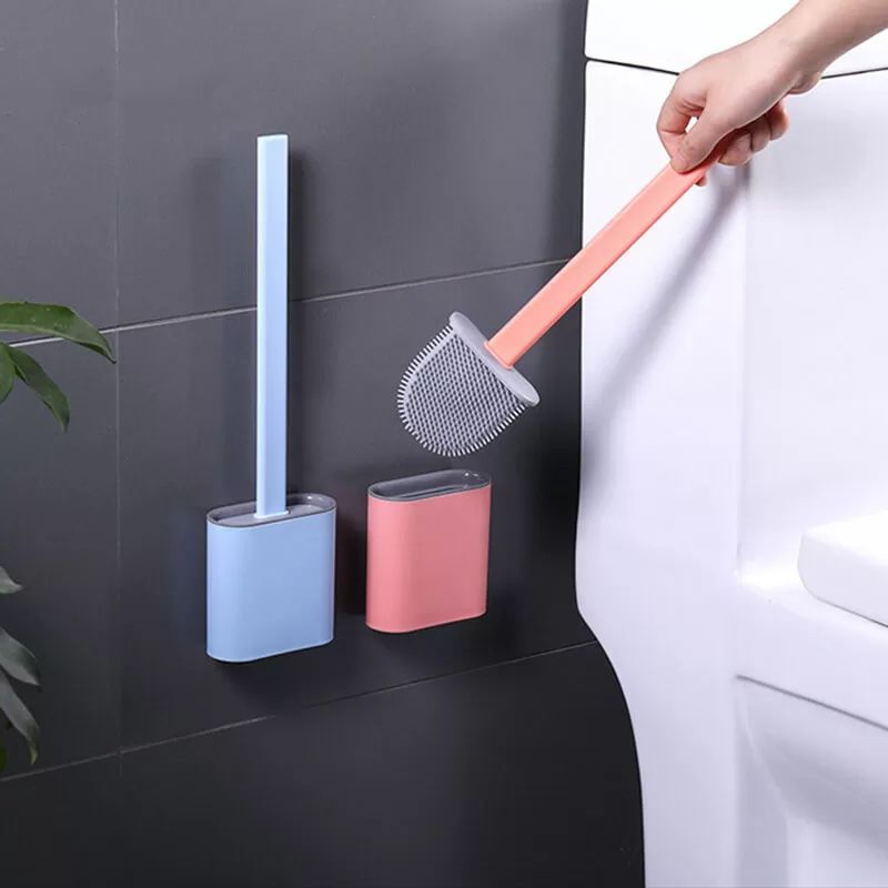 Silicone Head Toilet Brush With Holder Black Wall-Mounted Detachable Handle Bathroom Cleaner - Oshi.pk - Buy & Sell Online