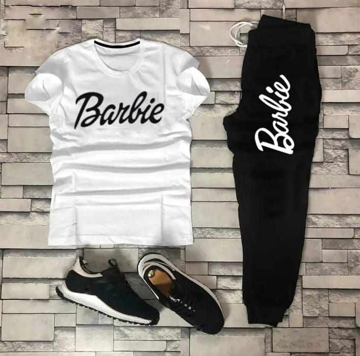 Stylish Summer Barbie Printed Tracksuit For Girls & Womens - Soft and Comfortable Fabric White T Shirt & Black Trouser Tracksuit - Oshi.pk - Buy & Sell Online