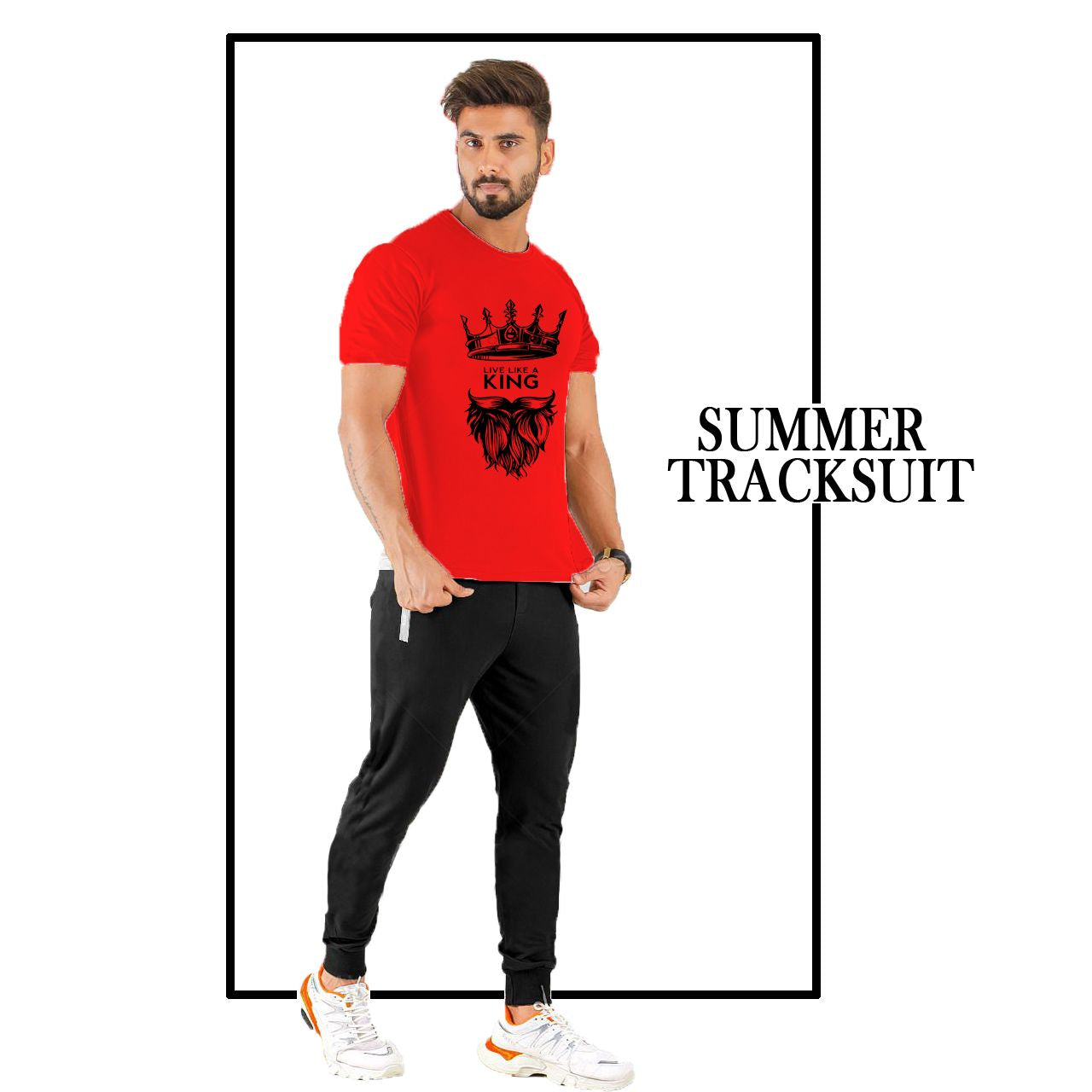 Summer LIVE LIKE A KING Printed Tracksuit For Mens Cotton Jersey Fabric Half Sleeves Red T shirt For Mens Printed Black Trouser Tracksuit - Oshi.pk - Buy & Sell Online