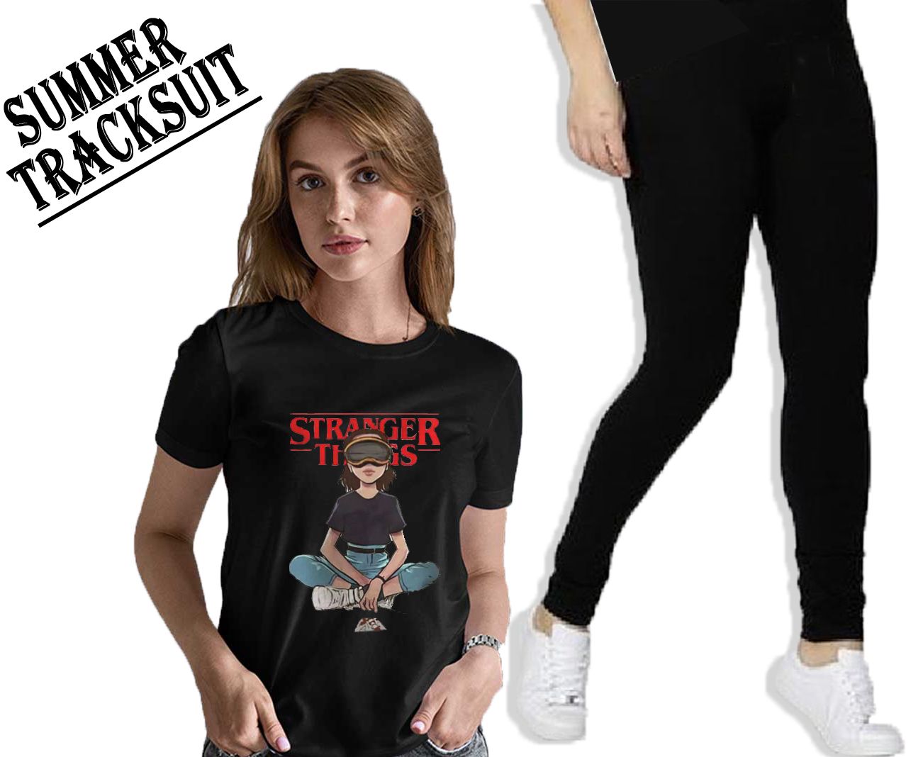 Summer Tracksuit Half Sleeves Trendy Famous Stranger Printed Black T Shirts Top Quality And Black Trouser For Girls And Women - Oshi.pk - Buy & Sell Online