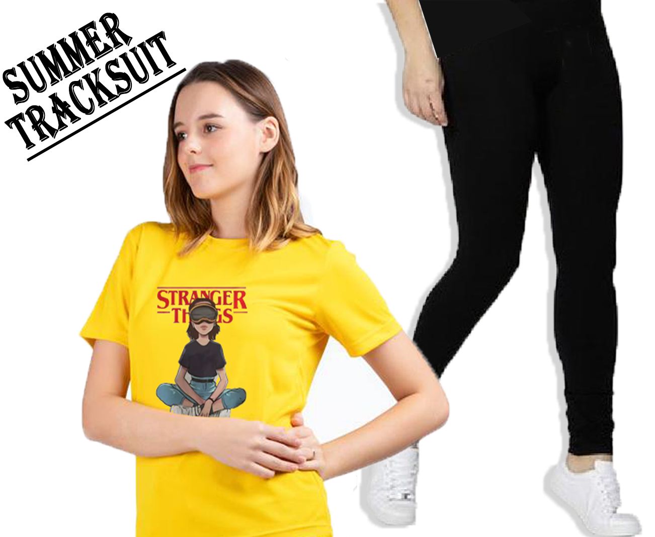 Summer Tracksuit Half Sleeves Trendy Famous Stranger Printed Yellow T Shirts Top Quality And Black Trouser For Girls And Women - Oshi.pk - Buy & Sell Online