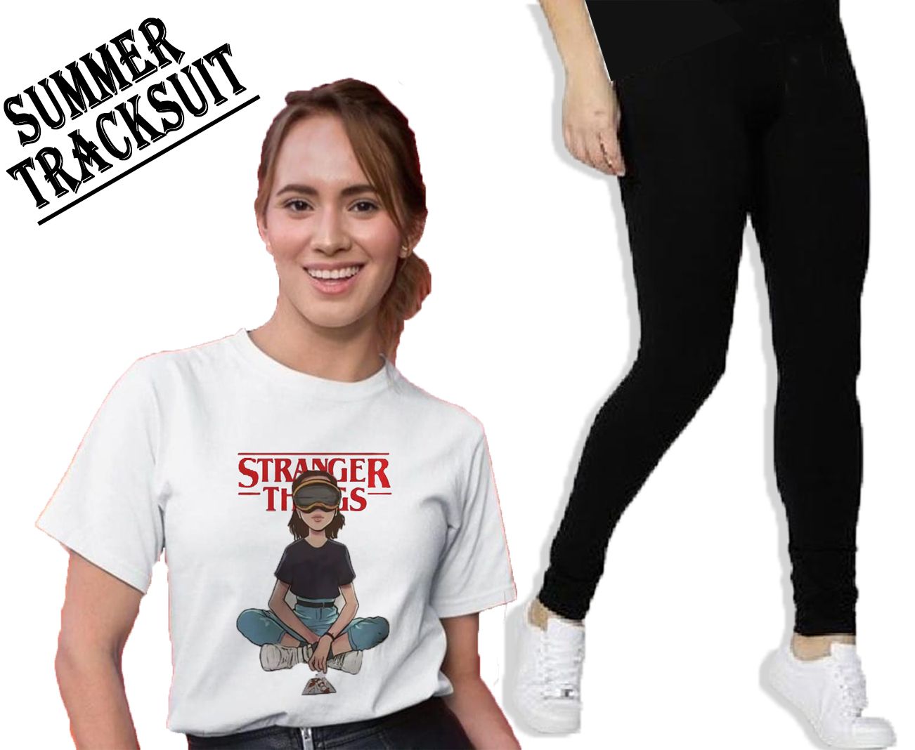 Summer Tracksuit Half Sleeves Trendy Famous Stranger Printed White T Shirts Top Quality And Black Trouser For Girls And Women - Oshi.pk - Buy & Sell Online