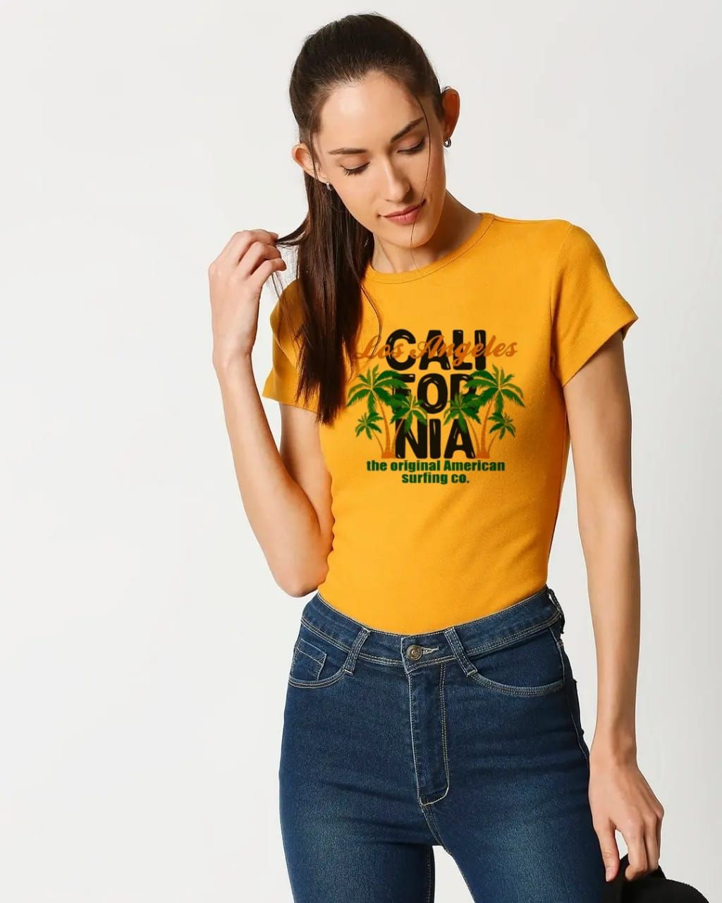 T Shirt Trendy California Printed in Yellow Shirt Design Summer Shirt Half Sleeve for Girls & Women - Oshi.pk - Buy & Sell Online