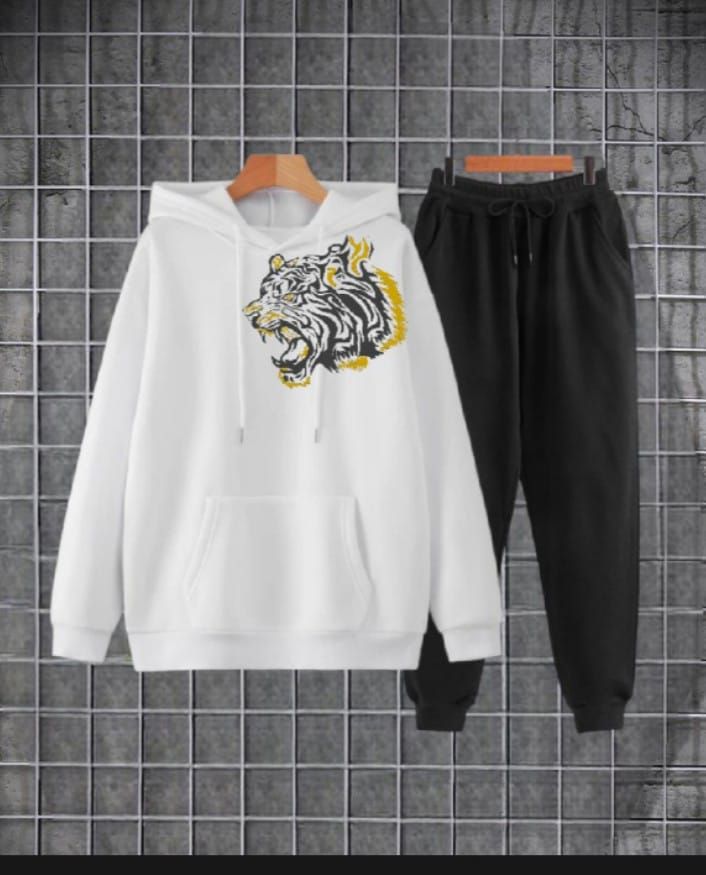 TIGER Printed Tracksuit White Huddie & Black Trouser Trendy And Amazing Fleece Pocket Drawstring Winter Wear Smart Fit Hoody - Oshi.pk - Buy & Sell Online