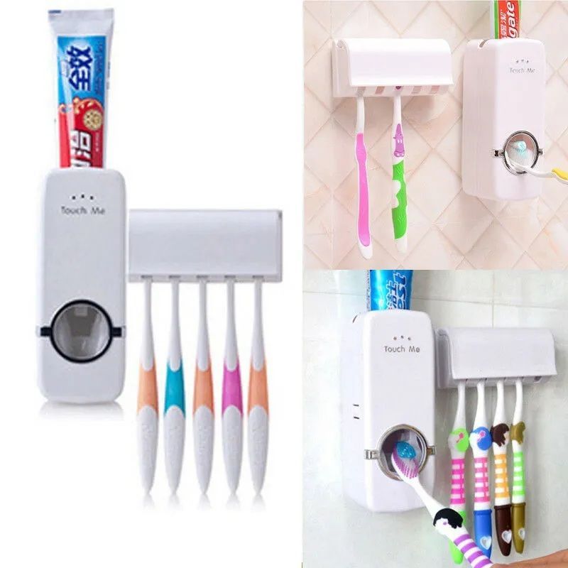 Toothpaste Dispenser With 5 Brush Holder Wall Mounted Automatic Hands Free Toothpaste Dispenser - Oshi.pk - Buy & Sell Online