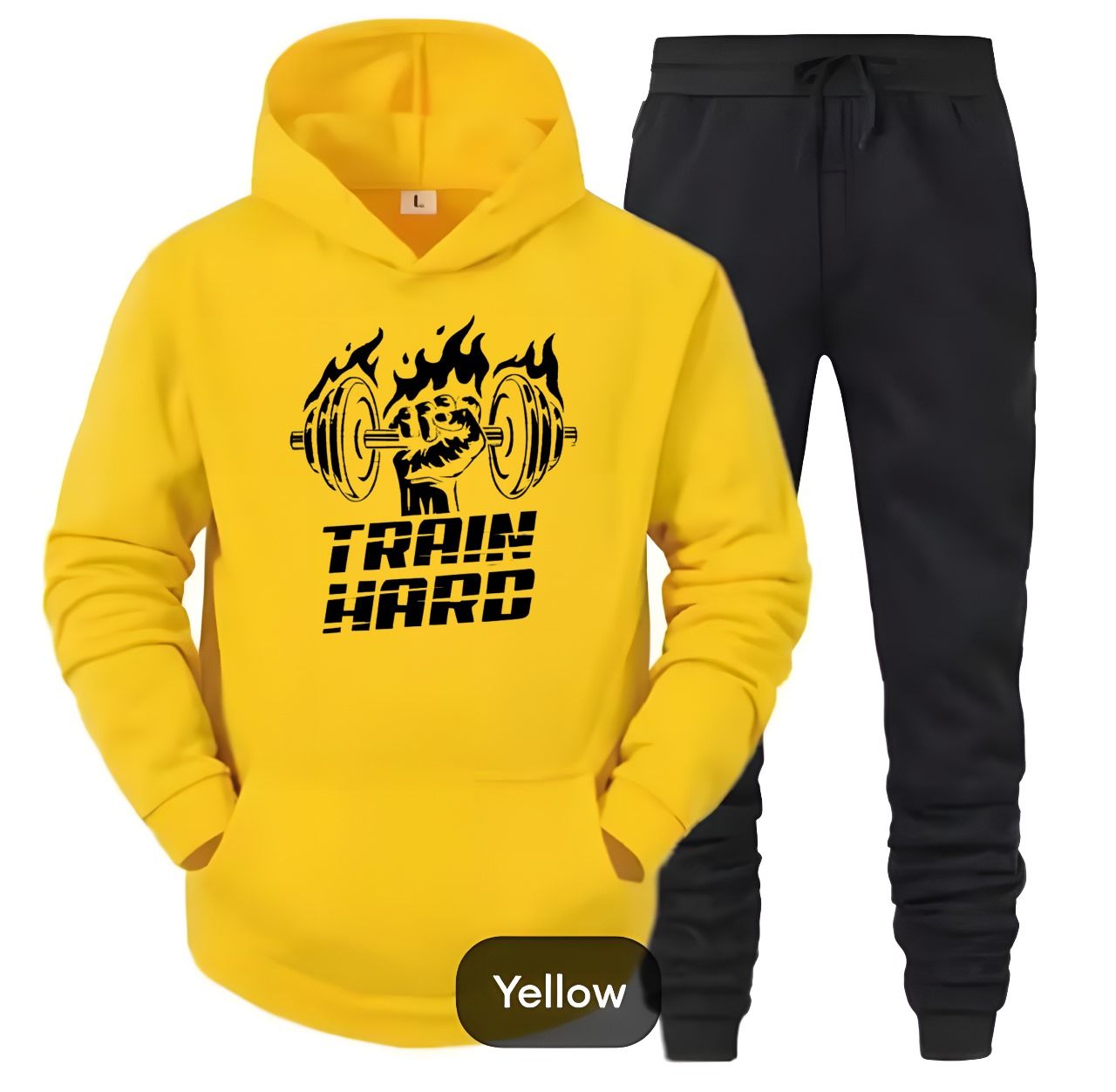 Tracksuit Black Yellow & Black Trouser Trendy And Amazing Train Hard Printed Fleece Pocket Drawstring Winter Wear Smart Fit Hoody - Oshi.pk - Buy & Sell Online