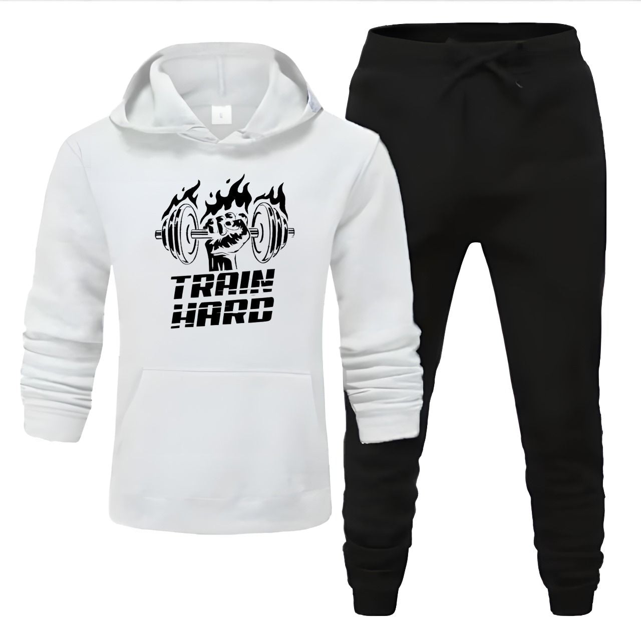 Tracksuit White & Black Trouser Trendy And Amazing Train Hard Printed Fleece Pocket Drawstring Winter Wear Smart Fit Hoody - Oshi.pk - Buy & Sell Online