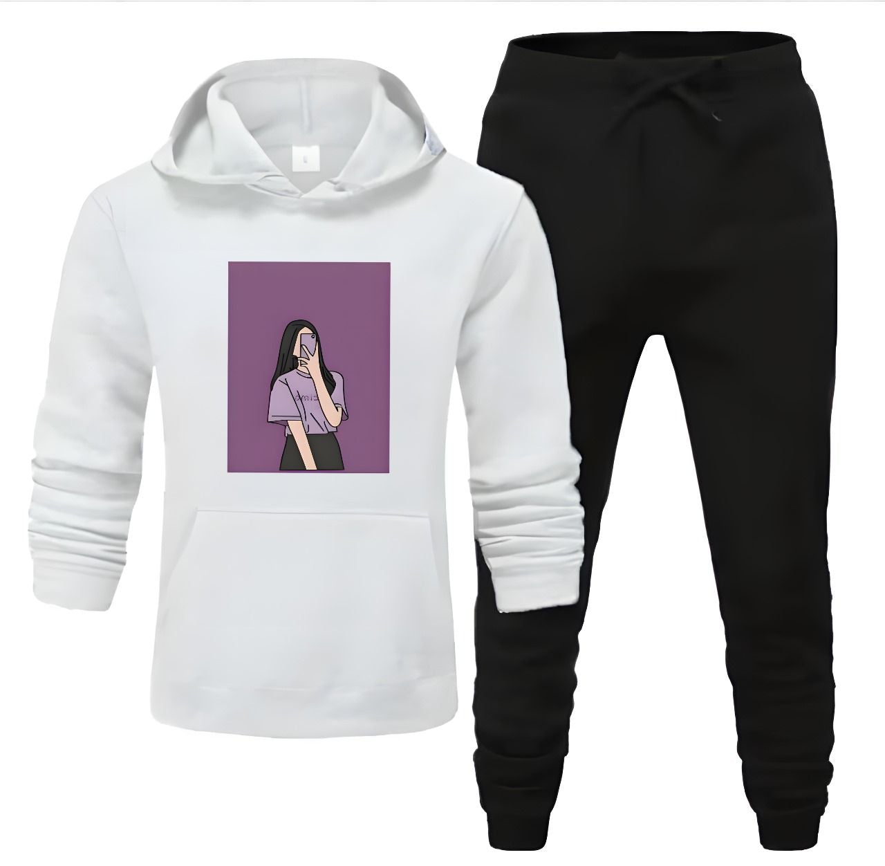 Tracksuit For Women & Girls White Huddie & Black Trouser Trendy Cute Selfi Girl Printed Fleece Pocket Drawstring Winter Wear Smart Fit Hoody - Oshi.pk - Buy & Sell Online