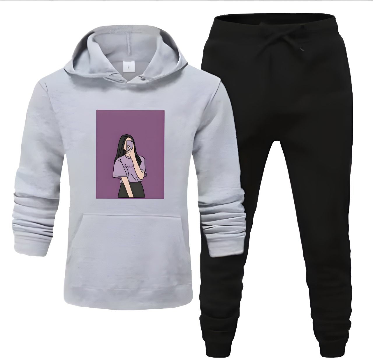 Tracksuit For Women & Girls Grey Huddie & Black Trouser Trendy Cute Selfi Girl Printed Fleece Pocket Drawstring Winter Wear Smart Fit Hoody - Oshi.pk - Buy & Sell Online