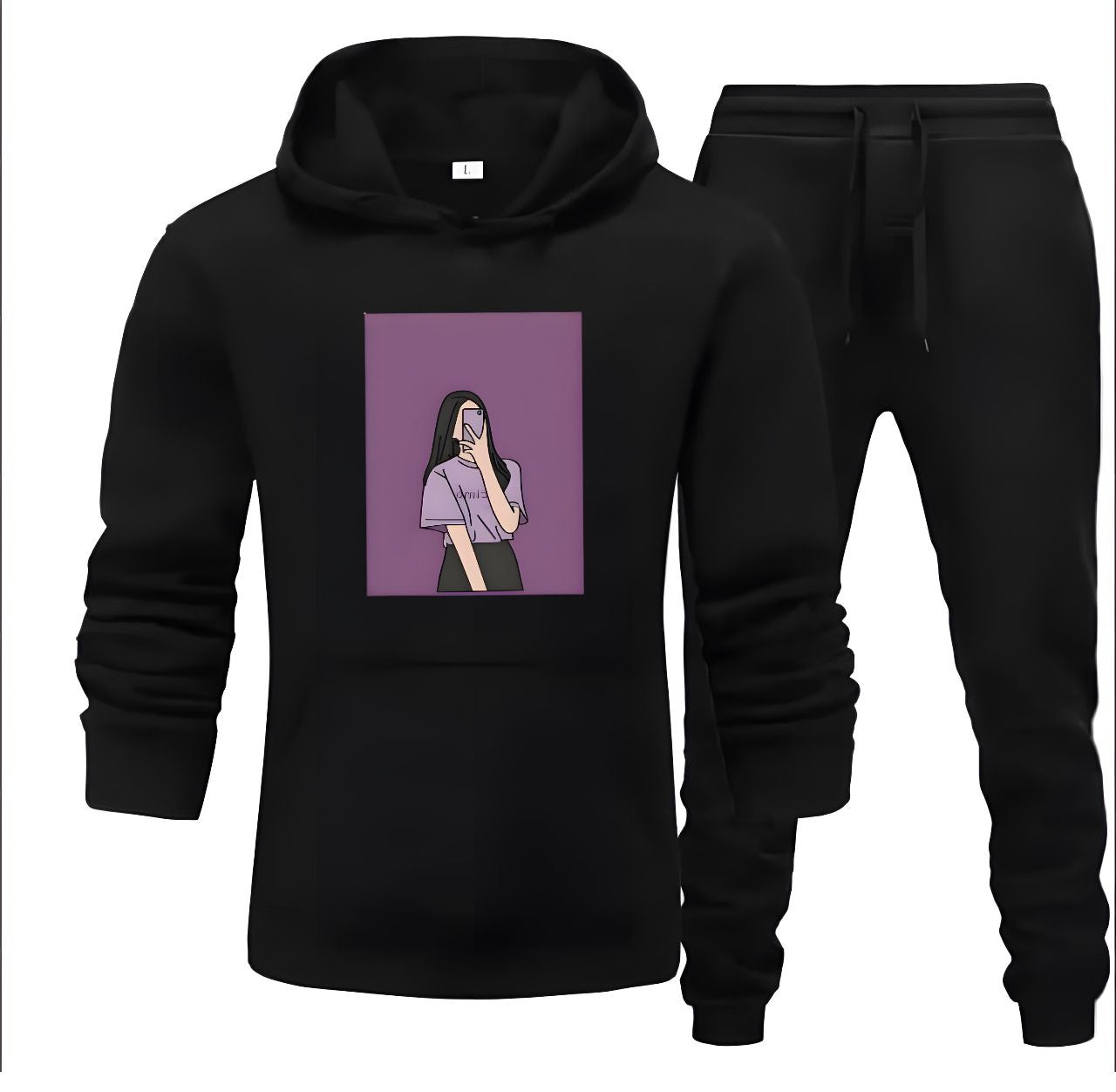 Tracksuit For Women & Girls Black Huddie & Black Trouser Trendy Cute Selfi Girl Printed Fleece Pocket Drawstring Winter Wear Smart Fit Hoody - Oshi.pk - Buy & Sell Online