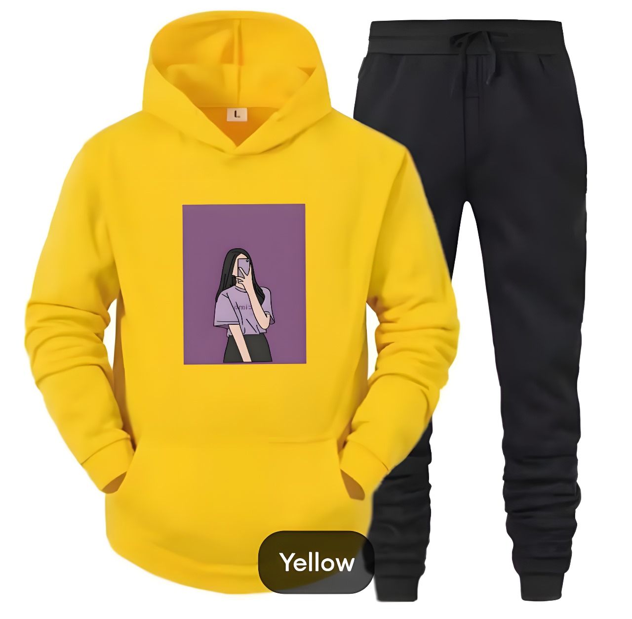 Tracksuit For Women & Girls Yellow Huddie & Black Trouser Trendy Cute Selfi Girl Printed Fleece Pocket Drawstring Winter Wear Smart Fit Hoody - Oshi.pk - Buy & Sell Online