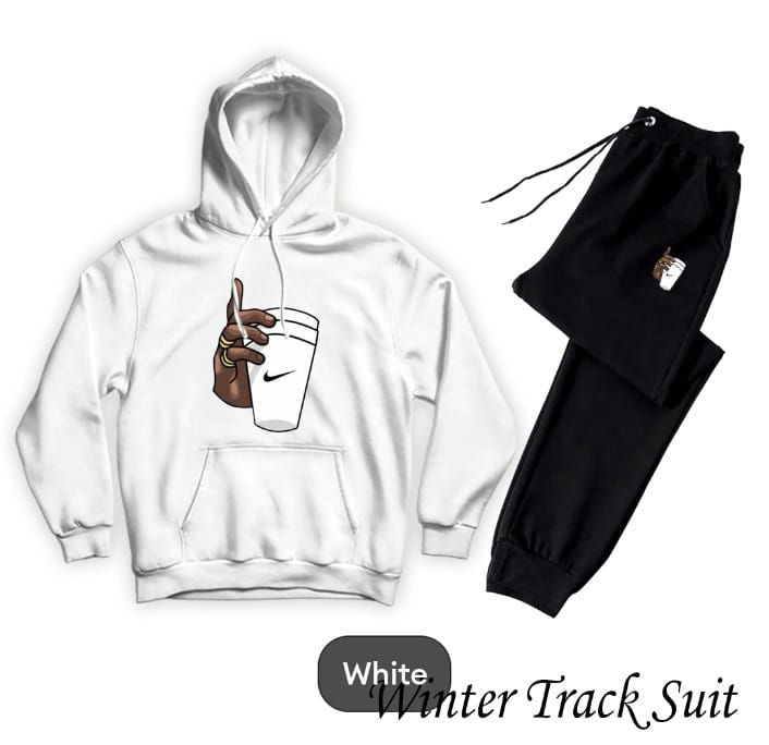 Tracksuit For Women & Girls White Huddie & Black Trouser Trendy And Amazing Hand Wth Cup Printed Fleece Pocket Drawstring Winter Wear Smart Fit Hoody - Oshi.pk - Buy & Sell Online