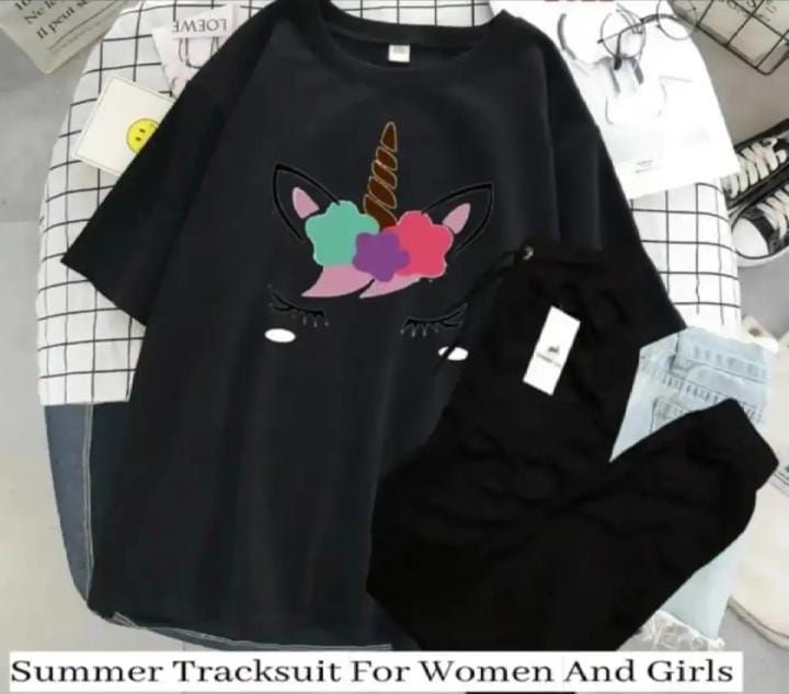 Unicorn Tracksuit for Women and Girl Summer Shirt and Black Trouser Gym wear printed Clothing Summer Breathable and comfortable - Oshi.pk - Buy & Sell Online