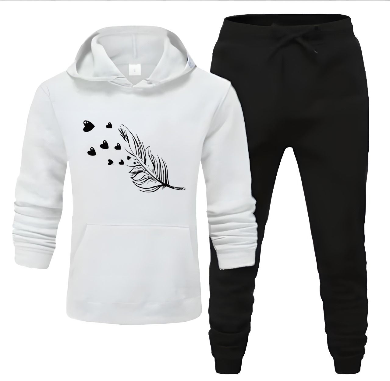 Tracksuit For Women And Girls white Huddie & Black Trouser Trendy And Amazing Leaf Printed Fleece Pocket Drawstring Winter Wear Smart Fit Hoody - Oshi.pk - Buy & Sell Online