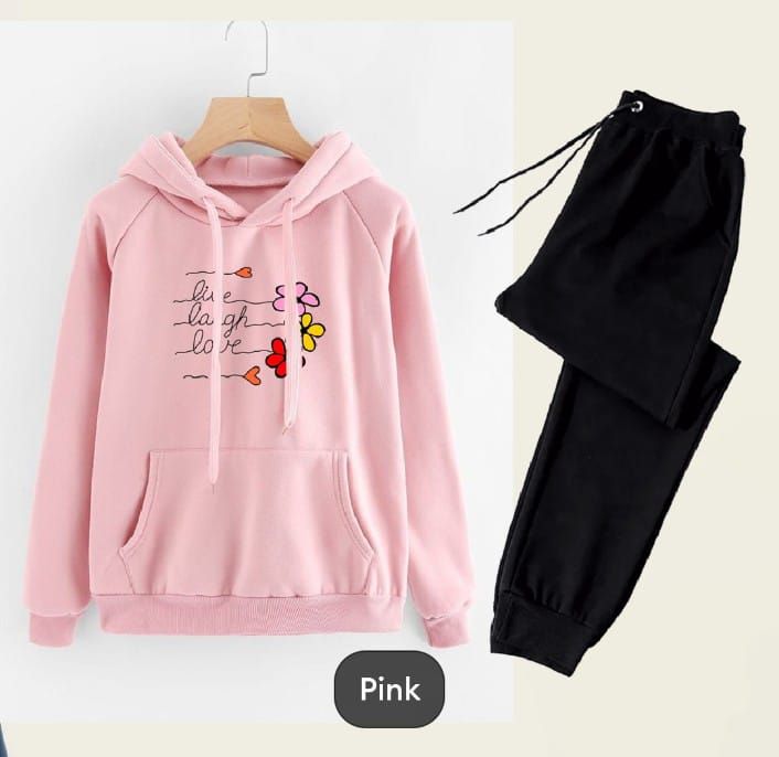Tracksuit For Women And Girls Pink Huddie & Black Trouser Trendy And Amazing Live Life Printed Fleece Pocket Drawstring Winter Wear Smart Fit Hoody - Oshi.pk - Buy & Sell Online