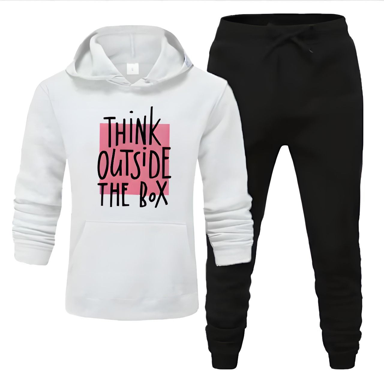 Tracksuit For Women And Girls white Huddie & Black Trouser Trendy Think Outside The Box Printed Fleece Pocket Drawstring Winter Wear Smart Fit Hoody - Oshi.pk - Buy & Sell Online