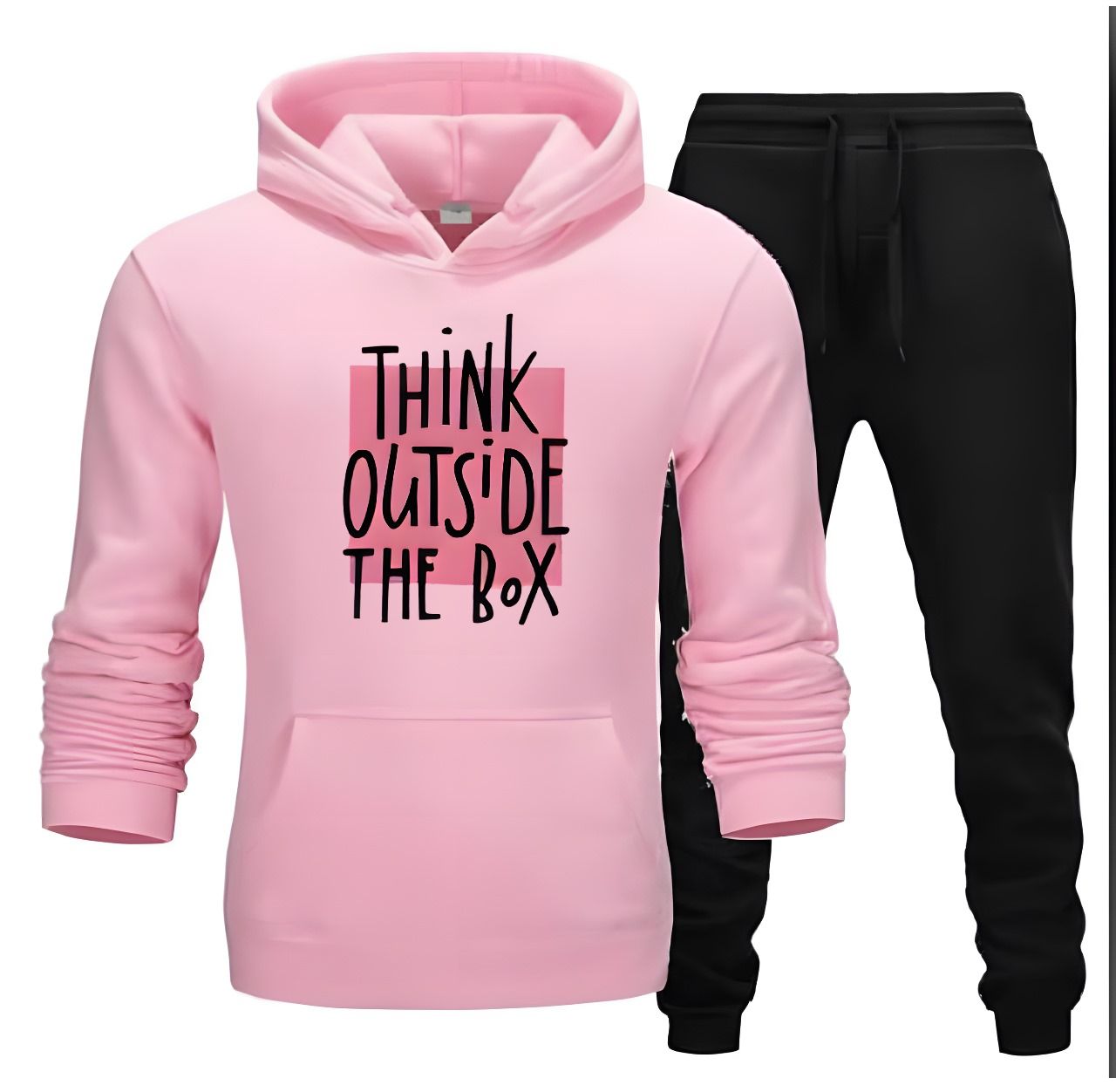 Tracksuit For Women And Girls Pink Huddie & Black Trouser Trendy Think Outside The Box Printed Fleece Pocket Drawstring Winter Wear Smart Fit Hoody - Oshi.pk - Buy & Sell Online