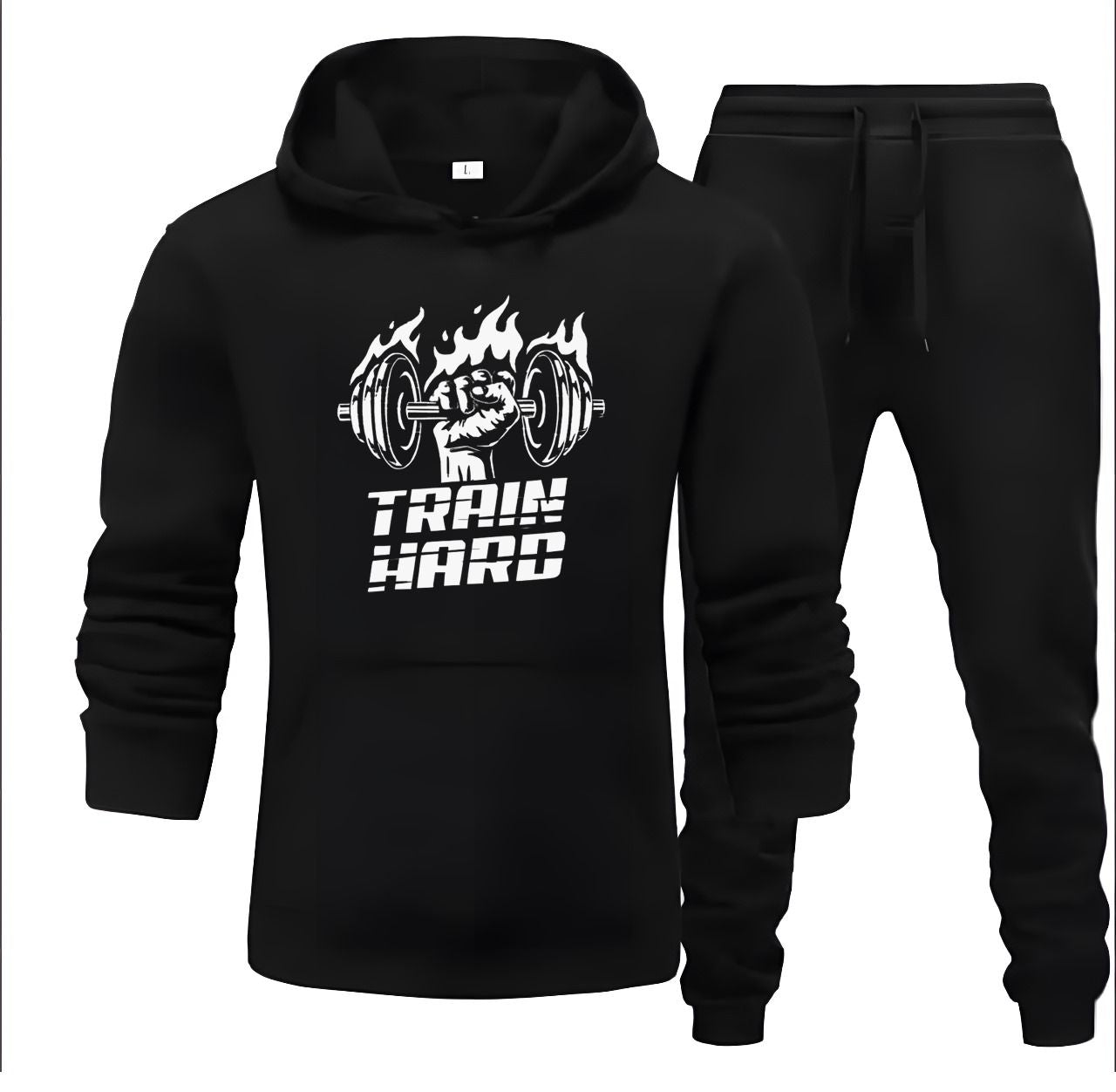 Tracksuit Black Huddie & Black Trouser Trendy And Amazing Train Hard Printed Fleece Pocket Drawstring Winter Wear Smart Fit Hoody - Oshi.pk - Buy & Sell Online