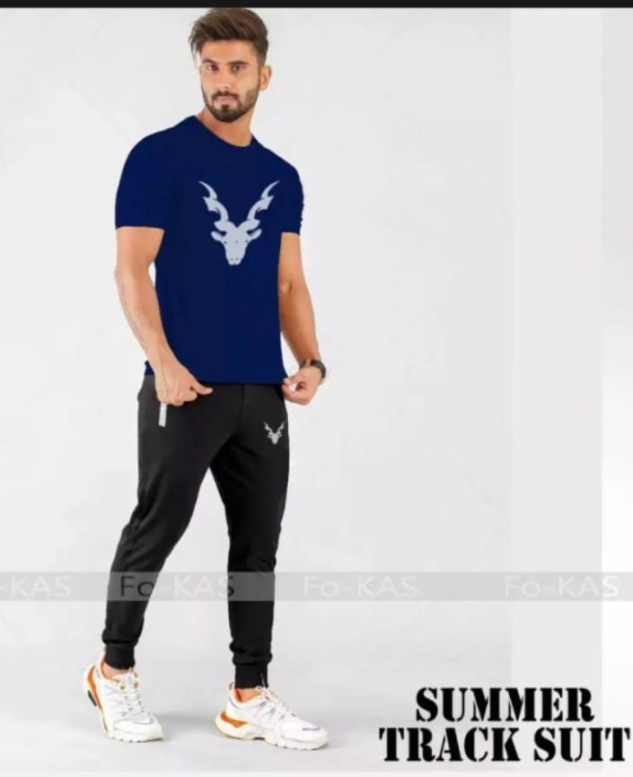 tracksuit-New Trendy Markhor Printed stylish Round Neck Half Sleeves Blue T Shirt And Black Trouser - Oshi.pk - Buy & Sell Online