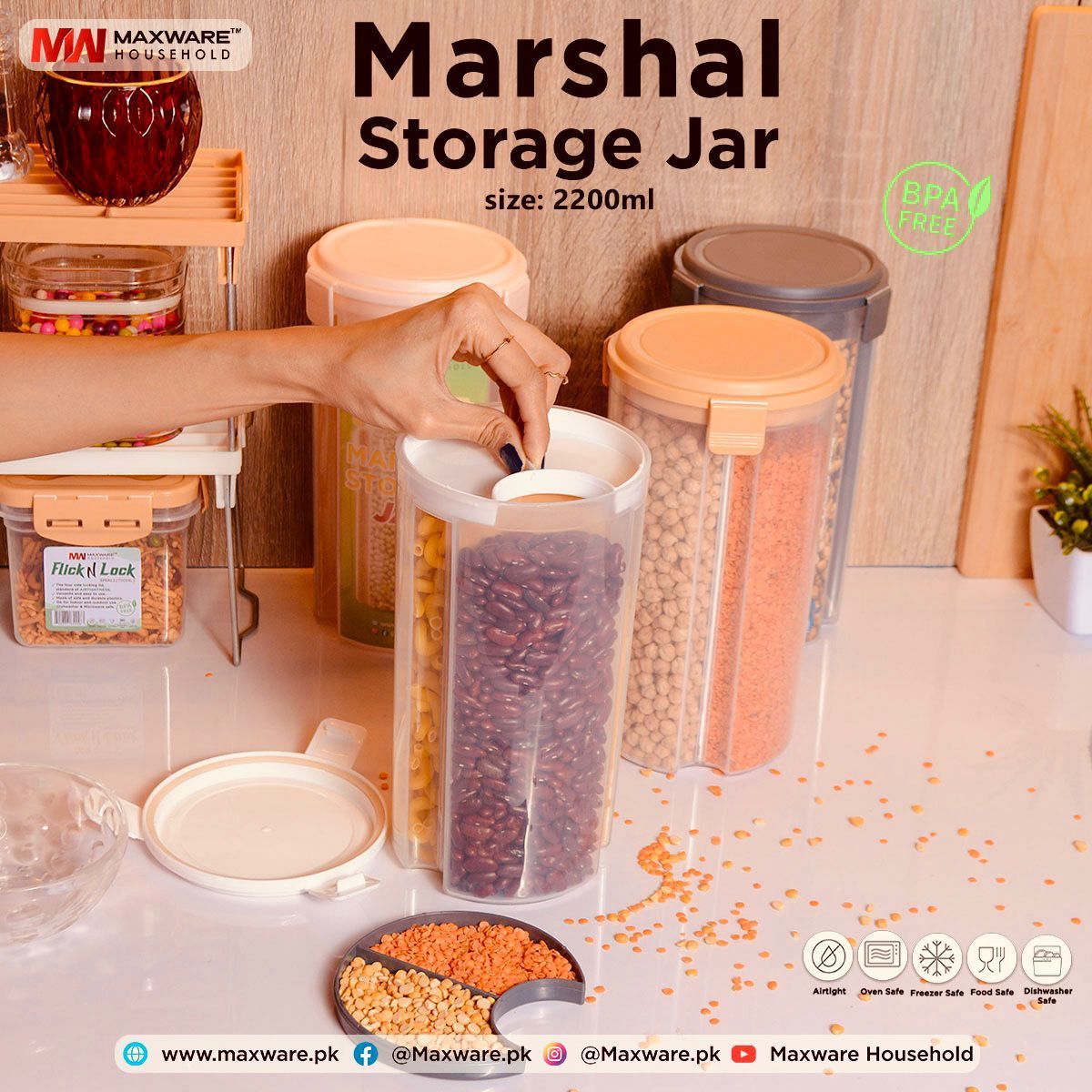 Transparent Plastic Lock Food Storage Dispenser Airtight Container Jar 3in1 Section Capicity 2200ml size - Oshi.pk - Buy & Sell Online