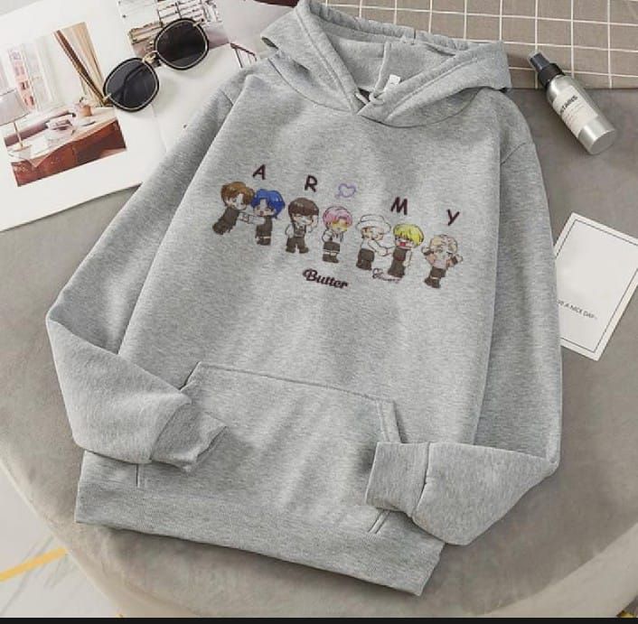 Trendy Famous BTS Cartoon Printed Kangaroo Hoodie In Grey Pocket Drawstring Pullovers Clothing Long Sleeves Export Quality Winter Wear - Oshi.pk - Buy & Sell Online