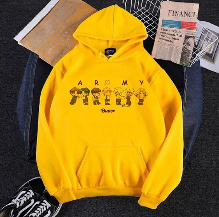 Trendy Famous BTS Cartoon Printed Kangaroo Hoodie In Yellow Pocket Drawstring Pullovers Clothing Long Sleeves Export Quality Winter Wear - Oshi.pk - Buy & Sell Online