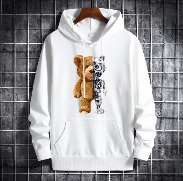 Trendy New Famous Robo Bear Printed Kangaroo Hoodie In White Pocket Drawstring Pullovers Clothing Long Sleeves Export Quality Winter Wear - Oshi.pk - Buy & Sell Online