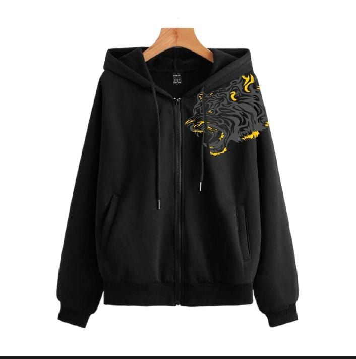 Trendy New Famous TIGER Printed Kangaroo Zipper Hoodie In Black Pocket Drawstring Pullovers Clothing Long Sleeves Export Quality Winter Wear - Oshi.pk - Buy & Sell Online