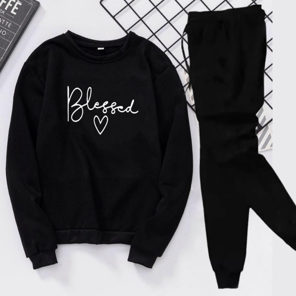 Tracksuit BLESSED WITH HEART Print Thick & Fleece Fabric Sweatshirt with trouser for Winter sweatshirt Fashion Wear tracksuit for Women / Girls - Oshi.pk - Buy & Sell Online
