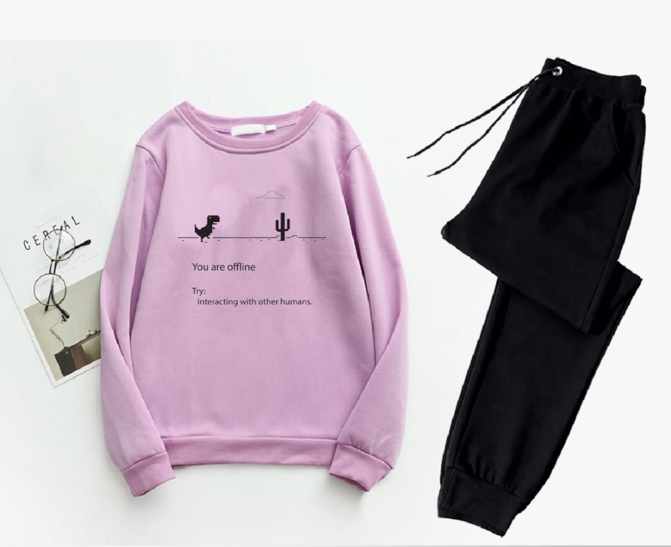 Trendy Tracksuit YOU ARE OFLINE Print Thick & Fleece Fabric Rib Sweatshirt with trouser butterflies for Winter for Trendy sweatshirt for Women / Girls - Oshi.pk - Buy & Sell Online
