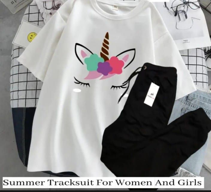 Unicorn Design Summer Tracksuit For Women & Girls Half Sleeve WHITE T-shirt & Black Trouser - Oshi.pk - Buy & Sell Online