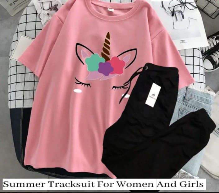 Unicorn Design Summer Tracksuit For Women & Girls Half Sleeve Pink T-shirt & Black Trouser - Oshi.pk - Buy & Sell Online
