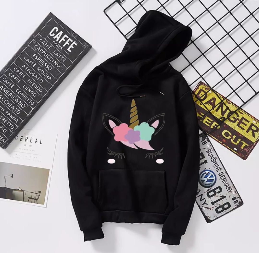 Unicorn Print Winter Fleece Pullover Black Hoodie For Girls Women And Ladies - Oshi.pk - Buy & Sell Online