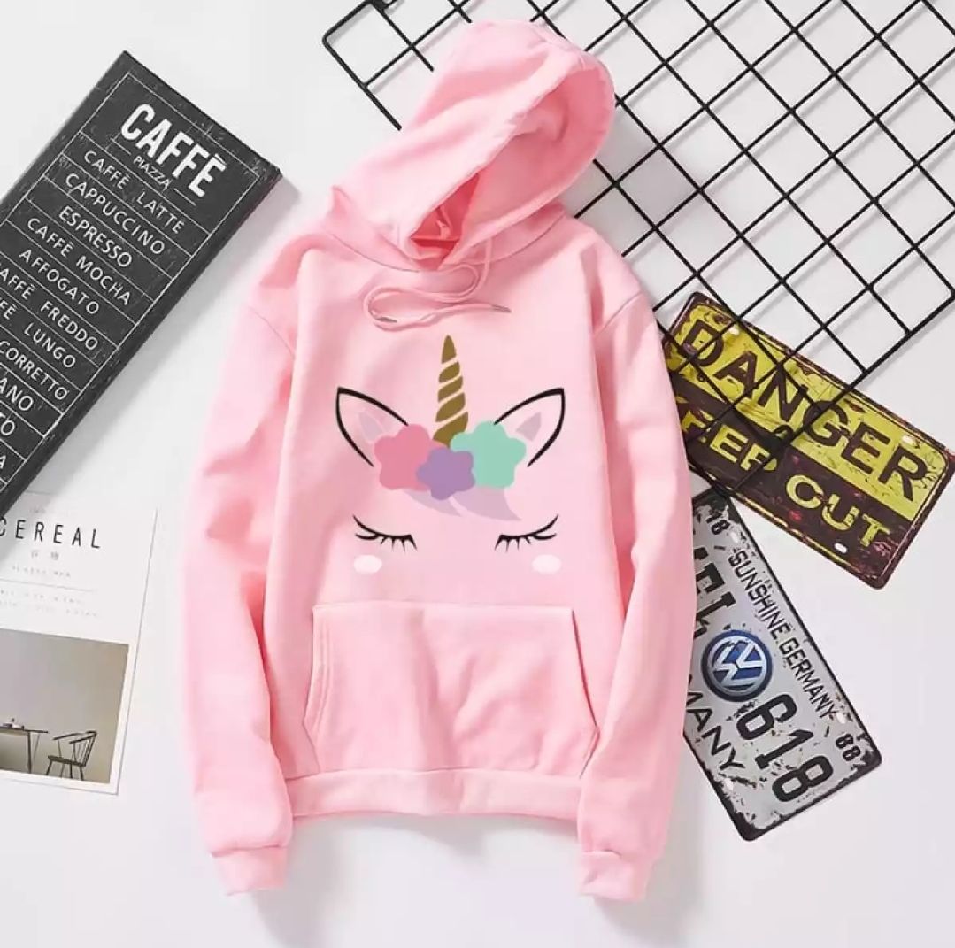 Unicorn Print Winter Fleece Pullover Pink Hoodie For Girls Women And Ladies - Oshi.pk - Buy & Sell Online