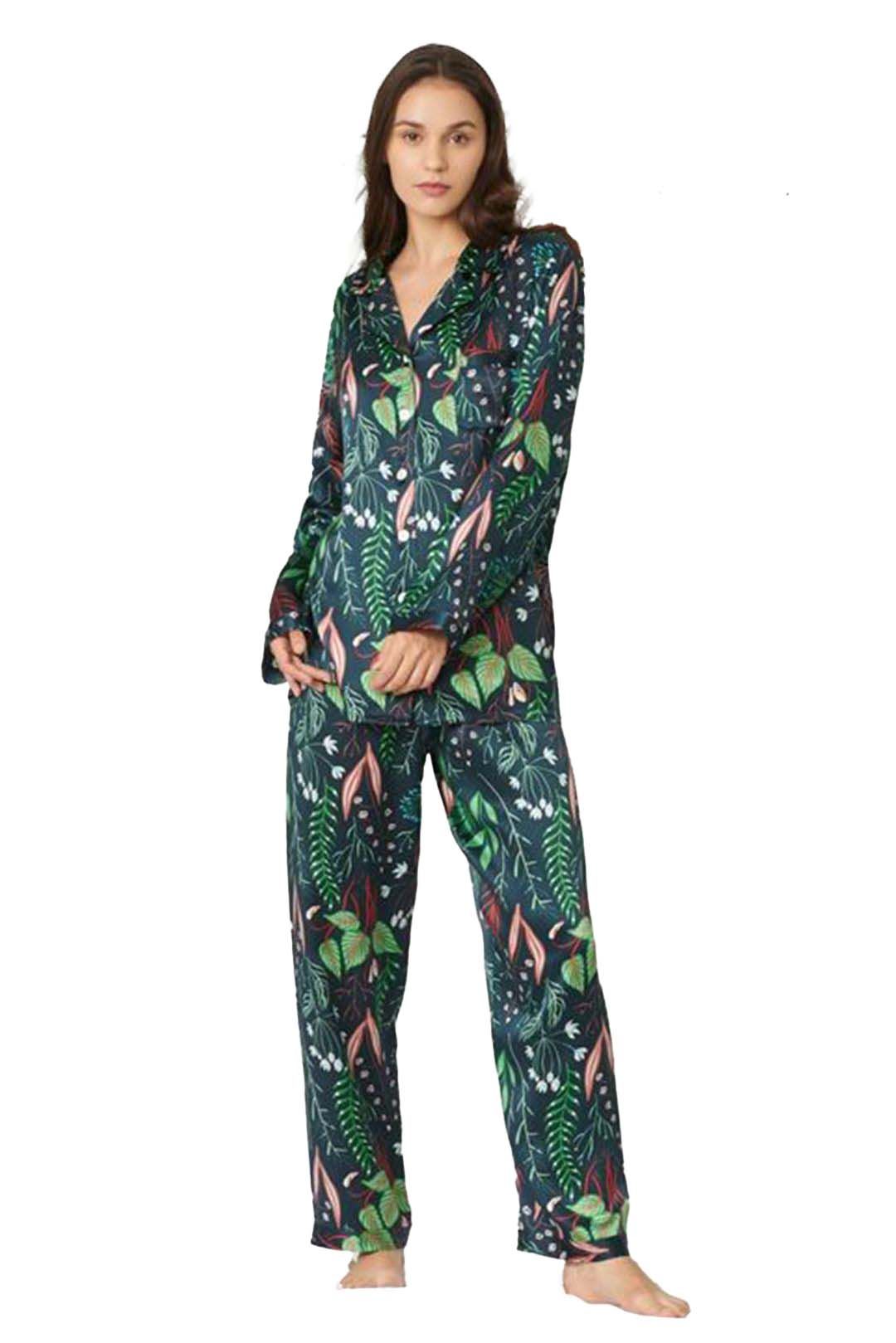 Valerie Plant Print Long Silk Pajamas Set For Women With Red Flower With Blue - Oshi.pk - Buy & Sell Online