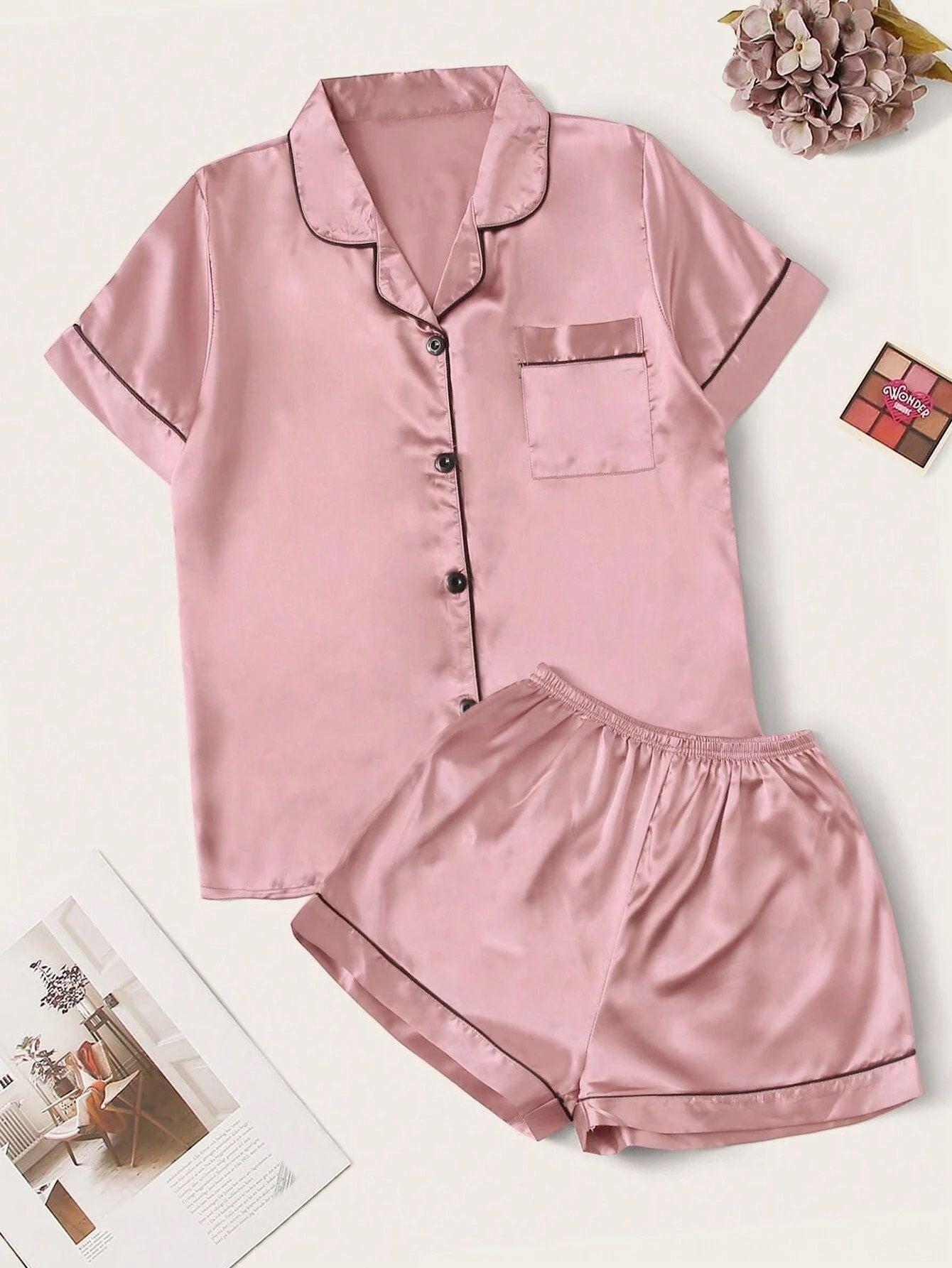 Valerie Women’s Contrast Pipping Satin Short PJ Set /Nightdress Silky/ Night Suit For Women’s - Oshi.pk - Buy & Sell Online